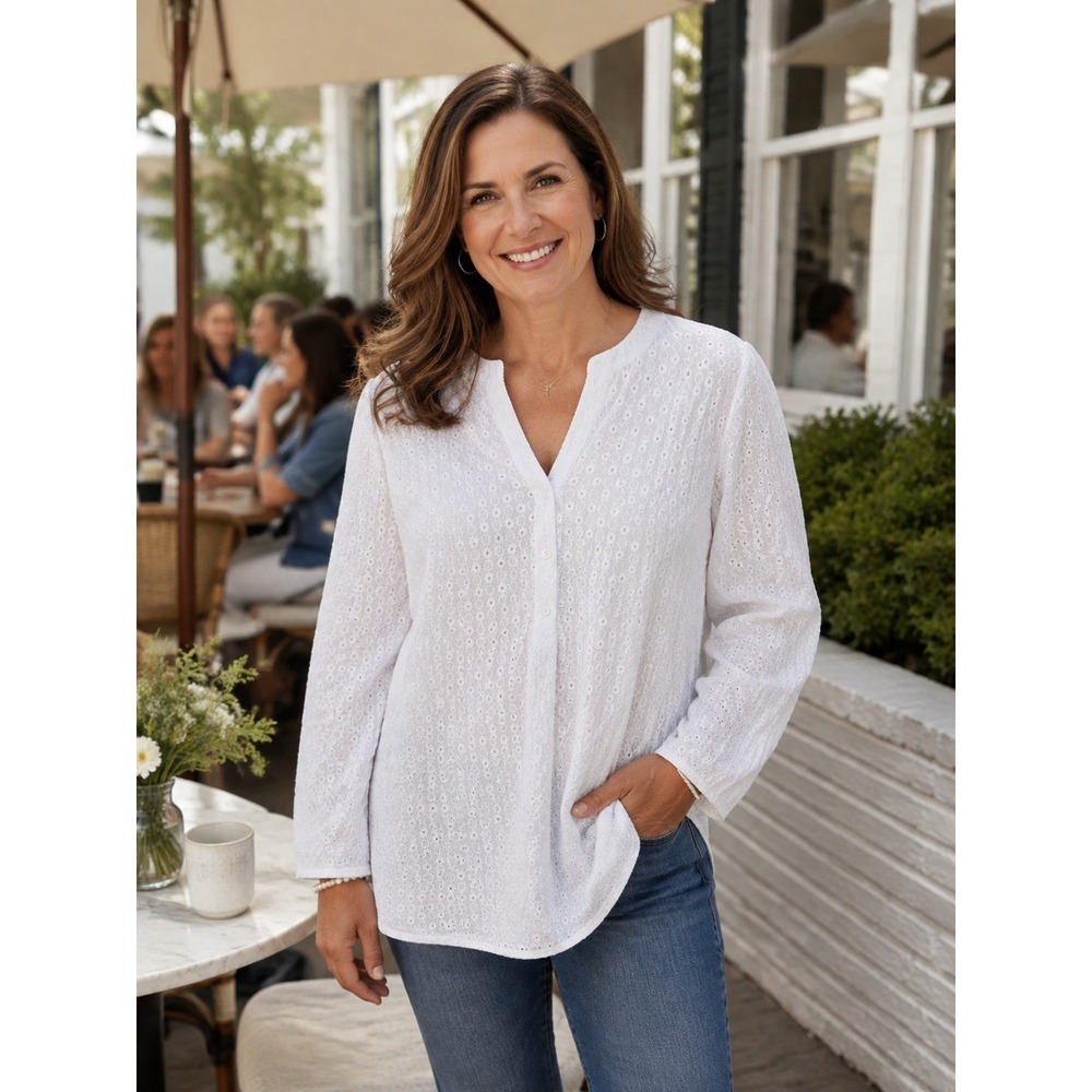 Talbots Womens XL White Eyelet Embroidered Popover Tunic Blouse Shirt -394